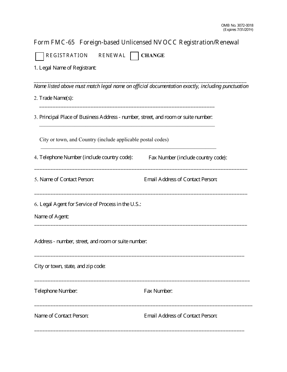Form FMC-65 Foreign-Based Unlicensed Nvocc Registration / Renewal, Page 1