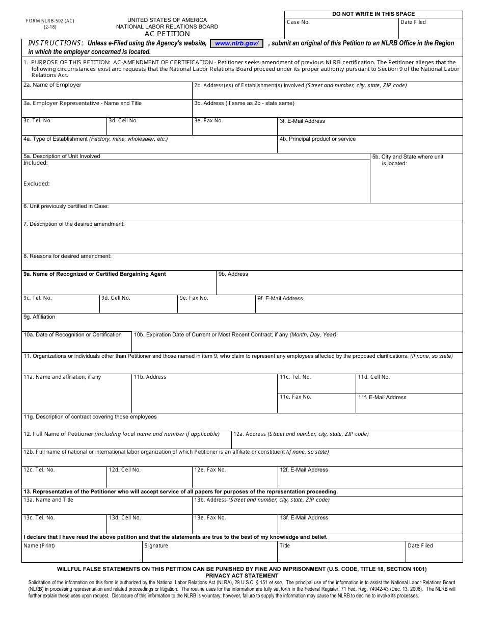 Form NLRB-502 (AC) Ac Petition, Page 1