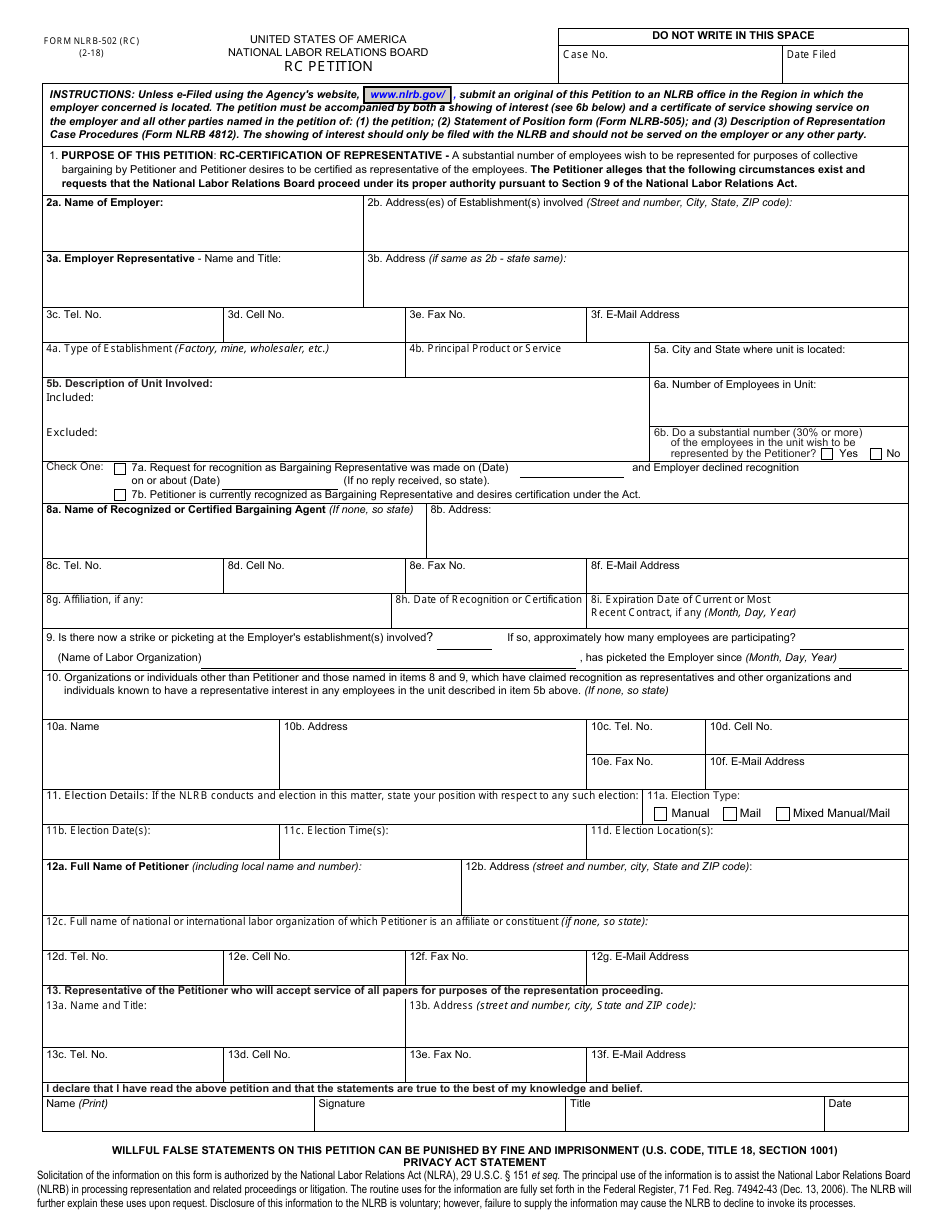 Form NLRB-502 (RC) RC Petition, Page 1