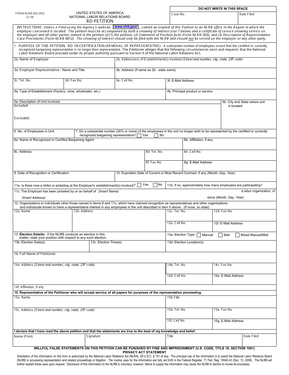 Form NLRB-502 (RD) Rd Petition, Page 1