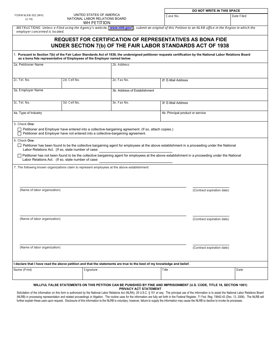 Form NLRB-502 (WH) Wh Petition, Page 1