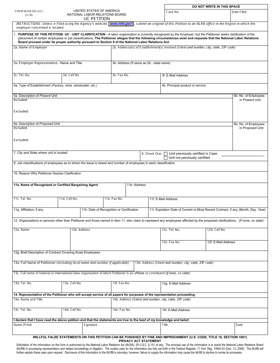 Form NLRB-502 (UC) Uc Petition, Page 1