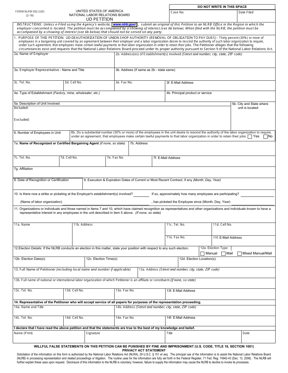 Form NLRB-502 (UD) Ud Petition, Page 1