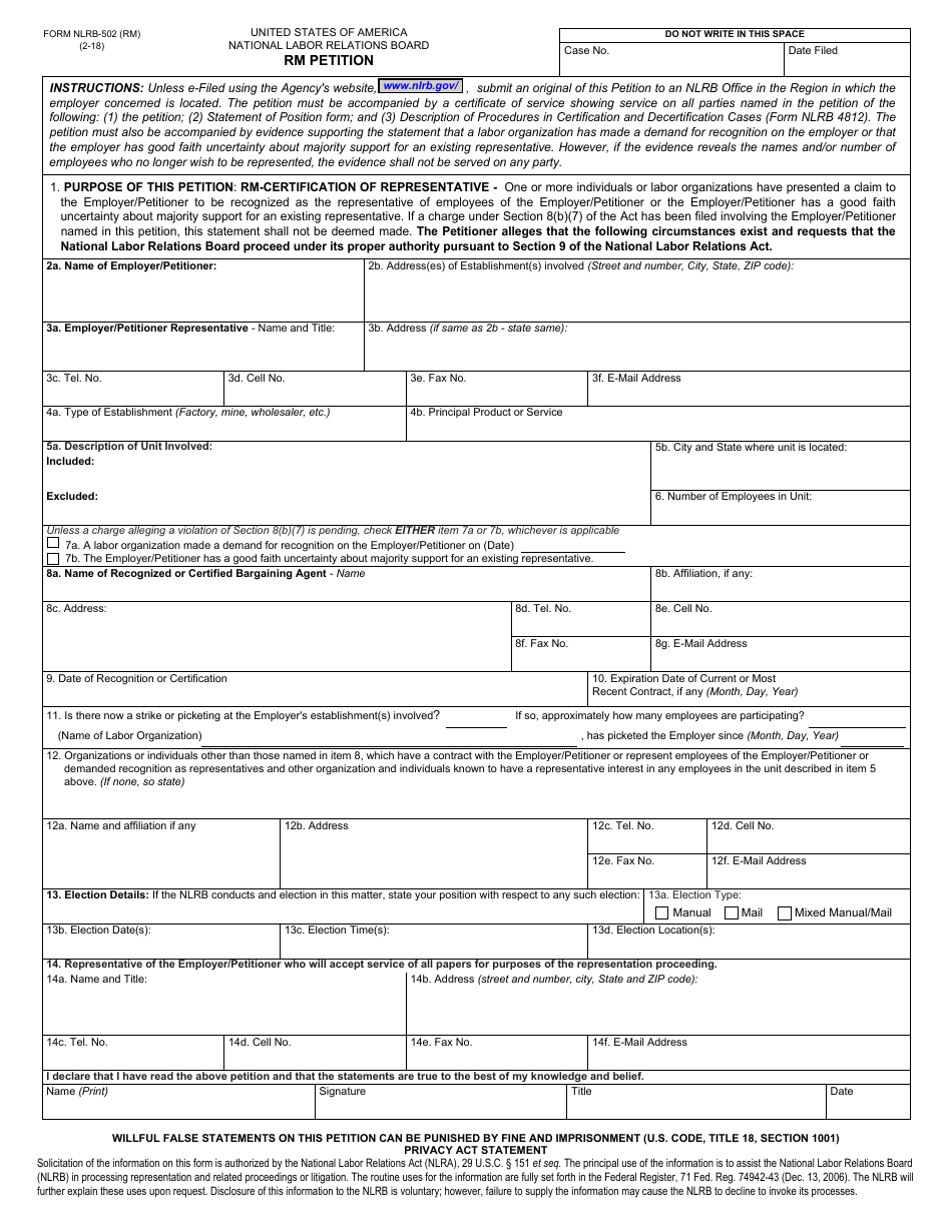 Form NLRB-502 (RM) Rm Petition, Page 1
