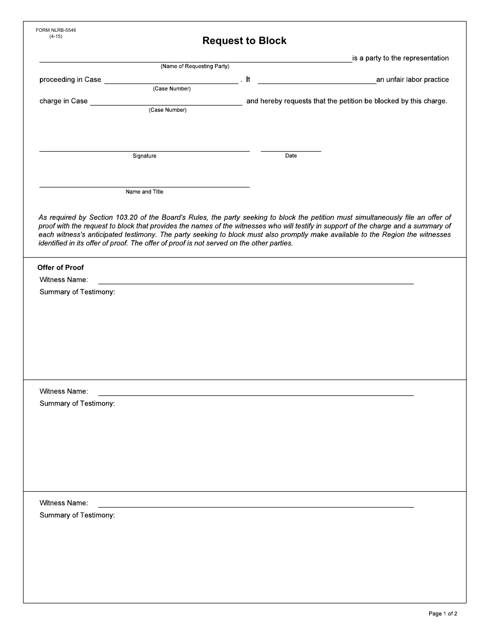Form NLRB-5546 Request to Block, Page 1