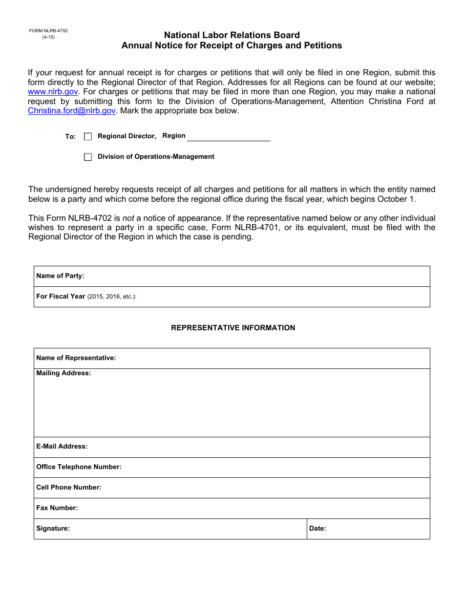 Form NLRB-4702 National Labor Relations Board Annual Notice for Receipt of Charges and Petitions, Page 1