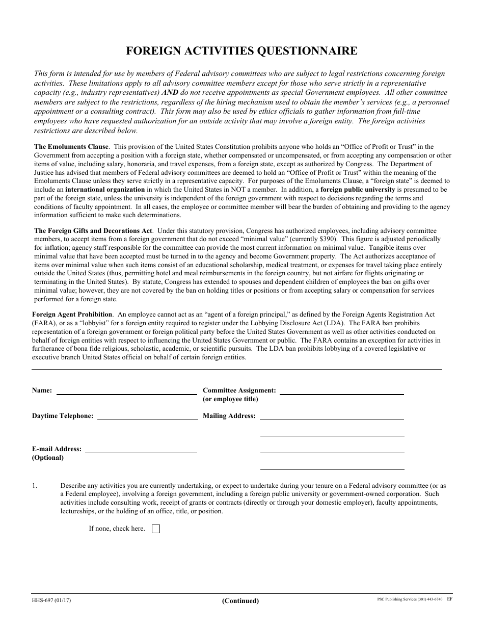 Form HHS-697 Foreign Activities Questionnaire, Page 1