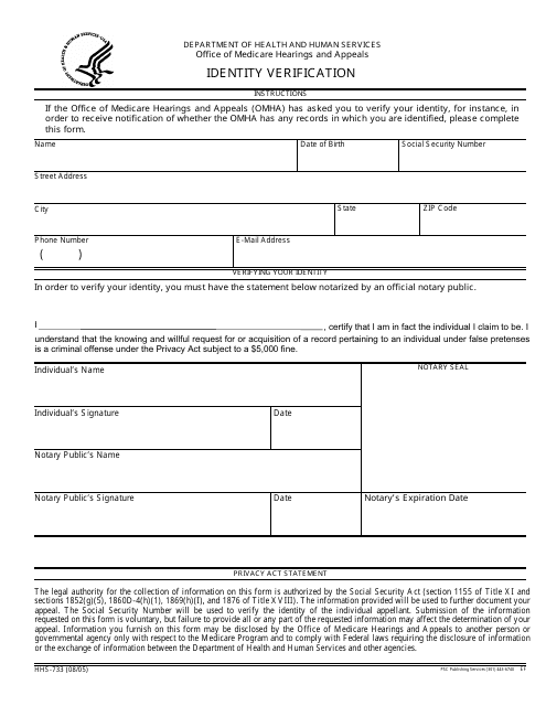 Form HHS-733  Printable Pdf