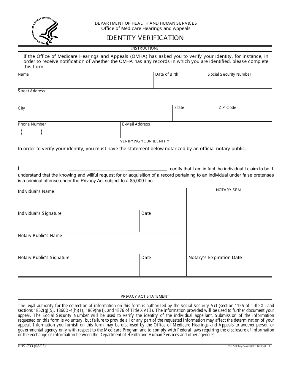 Form HHS-733 Identity Verification, Page 1