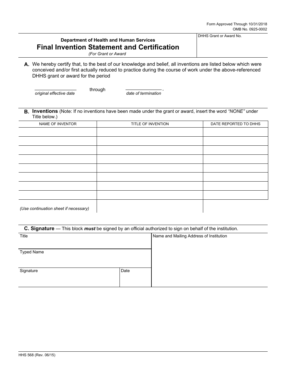 Form HHS568 Final Invention Statement and Certification, Page 2