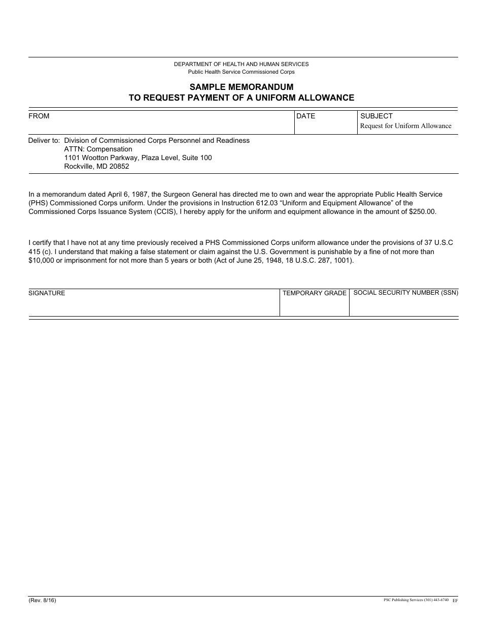 Sample Memorandum to Request Payment of a Uniform Allowance, Page 1
