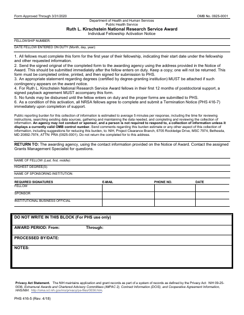 Form 416-5 Ruth L. Kirschstein National Research Service Award Individual Fellowship Activation Notice
