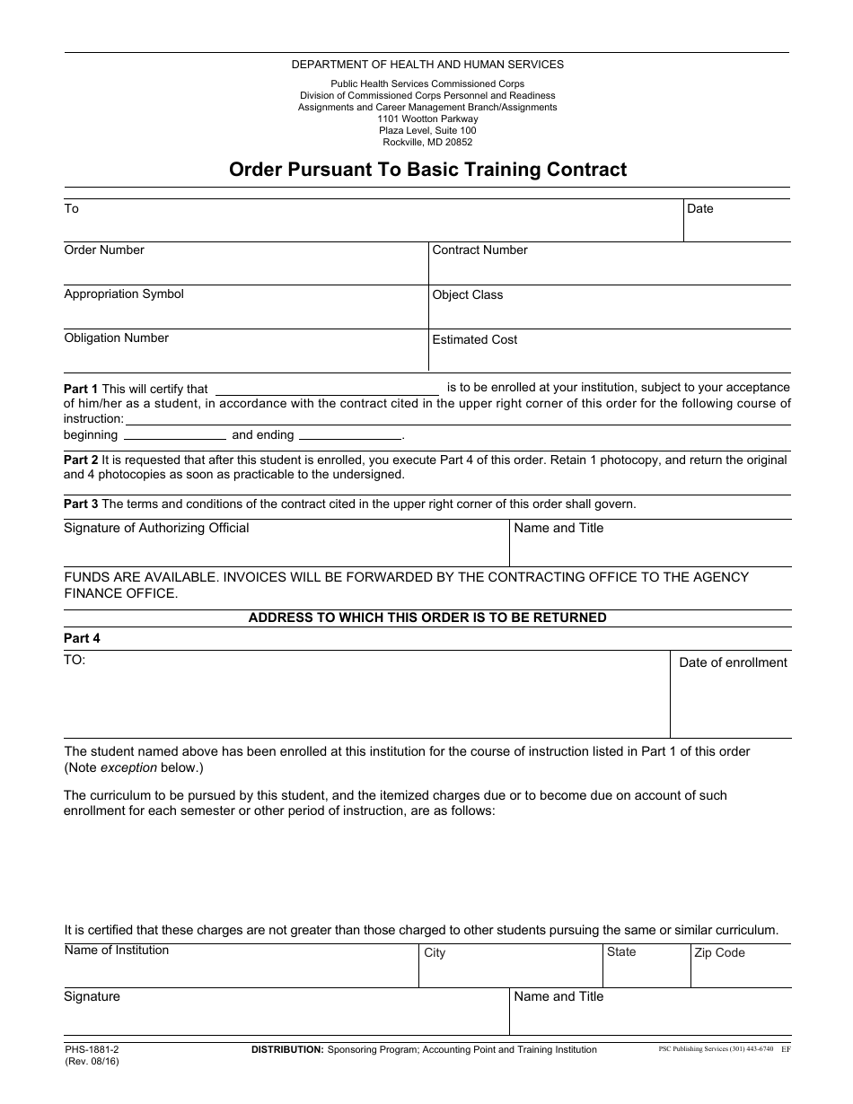 Form PHS-1881-2 Order Pursuant to Basic Training Contract, Page 1