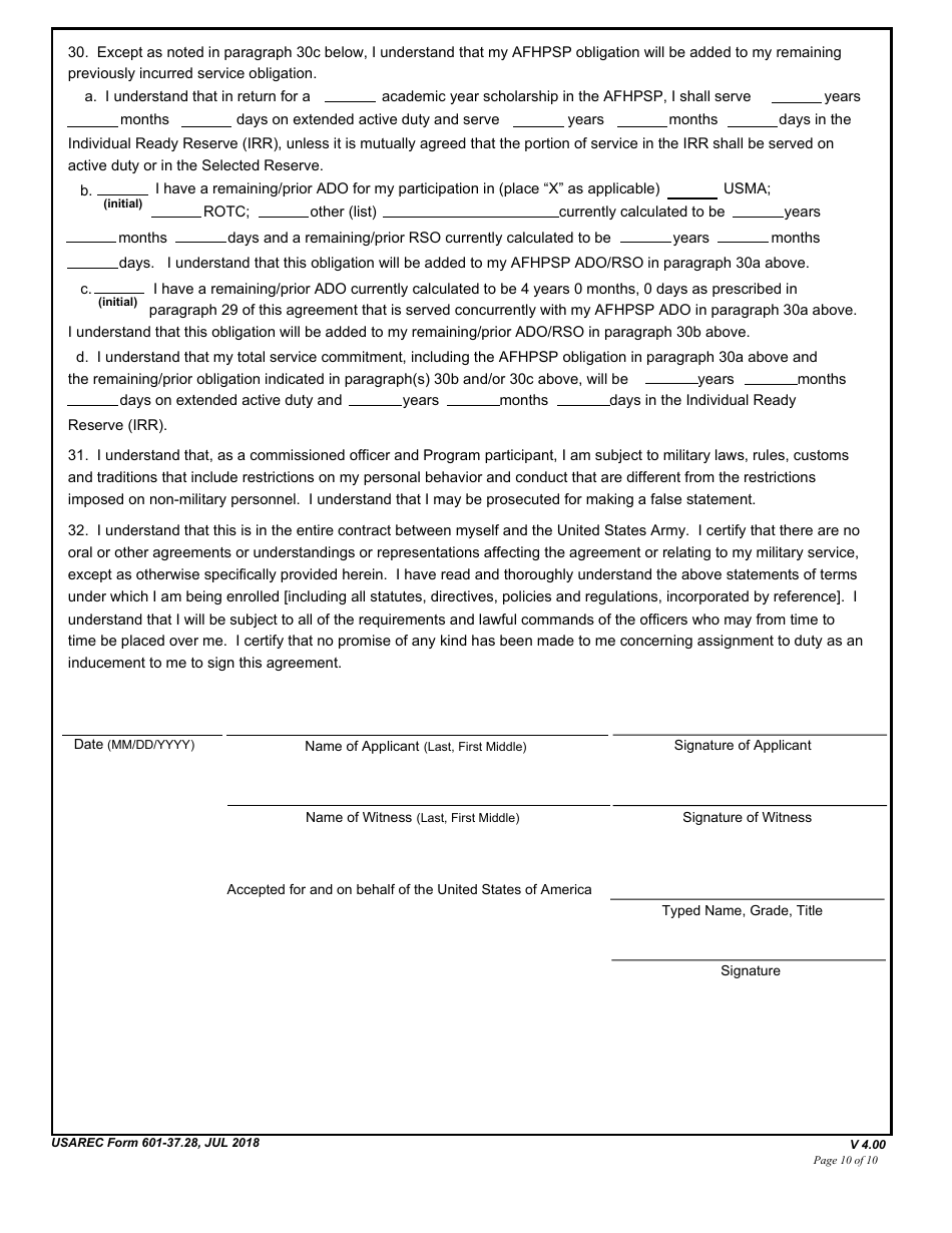 USAREC Form 601-37.28 Department of the Army Service Agreement - F. Edward Hebert Armed Force Health Professions Scholarship Program (Afhpsp), Page 10