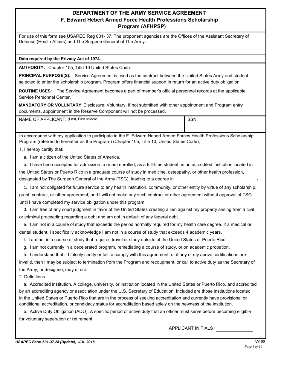 USAREC Form 601-37.28 Department of the Army Service Agreement - F. Edward Hebert Armed Force Health Professions Scholarship Program (Afhpsp), Page 1