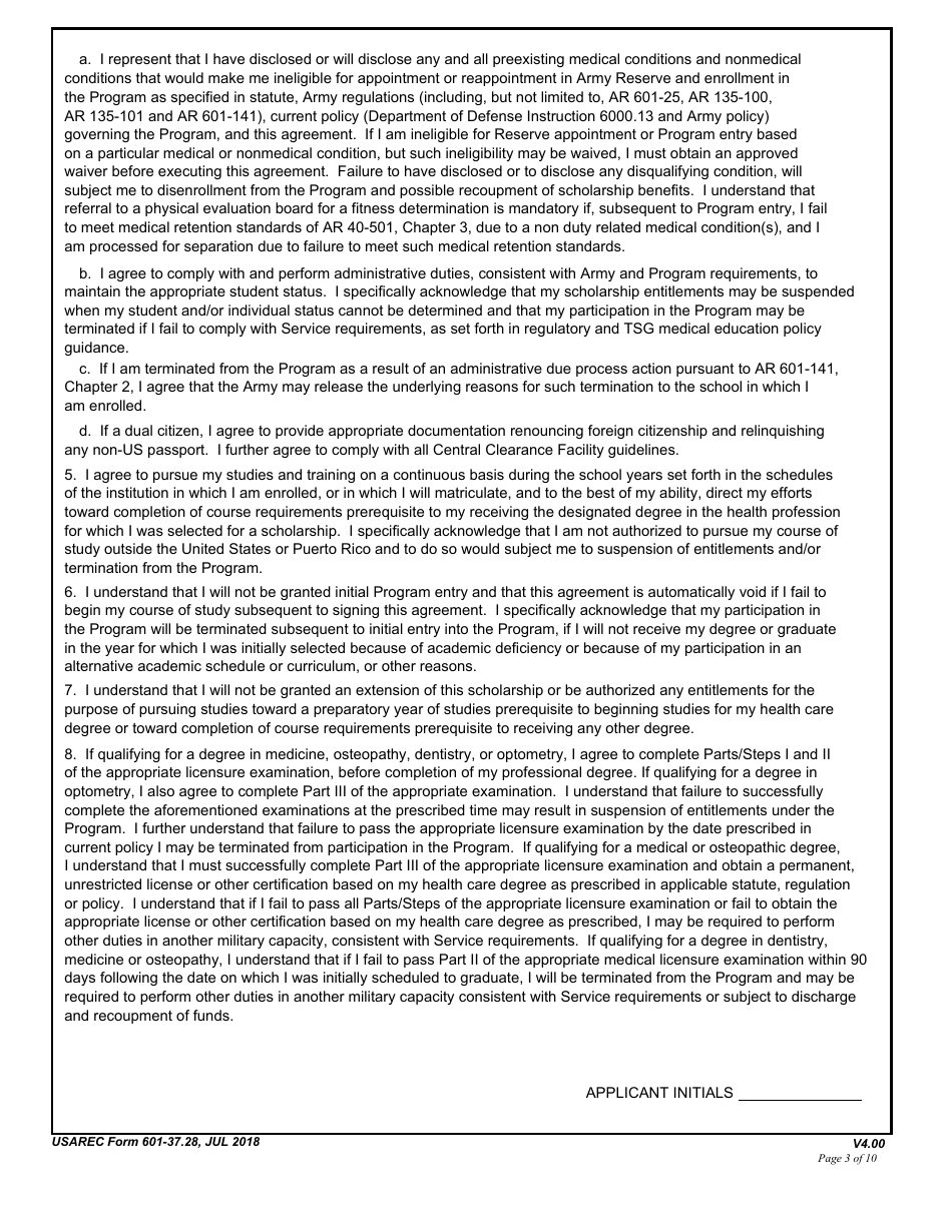 USAREC Form 601-37.28 Department of the Army Service Agreement - F. Edward Hebert Armed Force Health Professions Scholarship Program (Afhpsp), Page 3