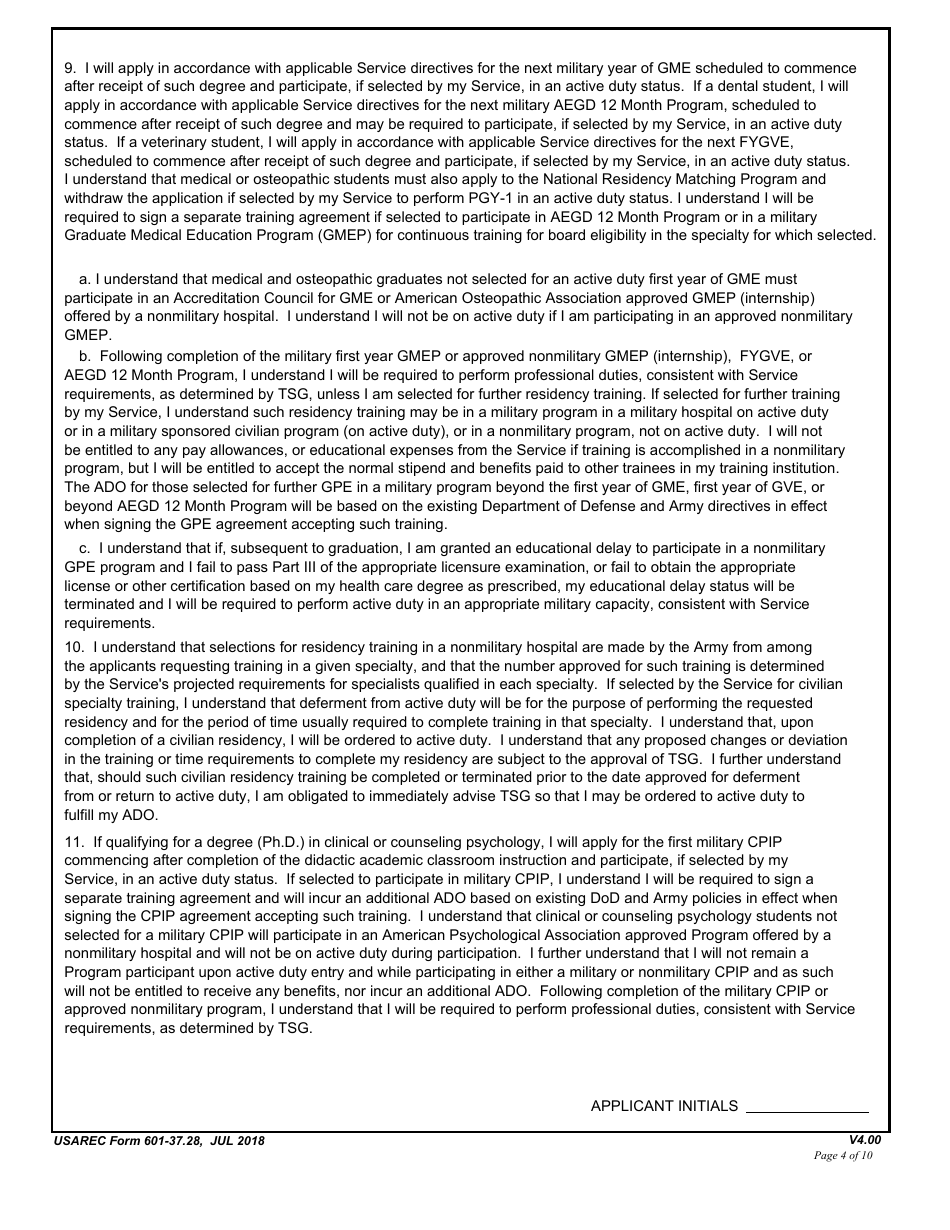 USAREC Form 601-37.28 Department of the Army Service Agreement - F. Edward Hebert Armed Force Health Professions Scholarship Program (Afhpsp), Page 4