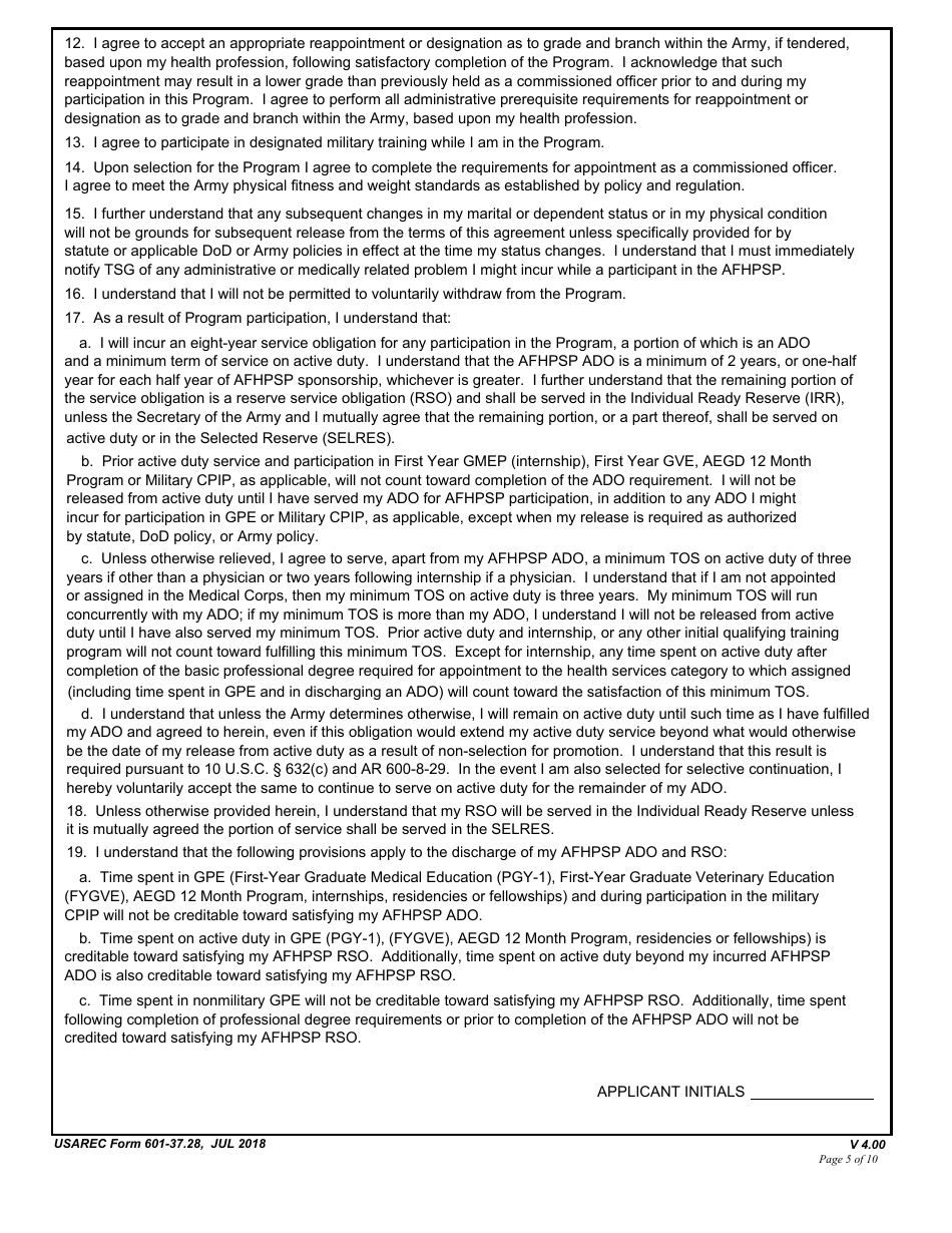 USAREC Form 601-37.28 Department of the Army Service Agreement - F. Edward Hebert Armed Force Health Professions Scholarship Program (Afhpsp), Page 5