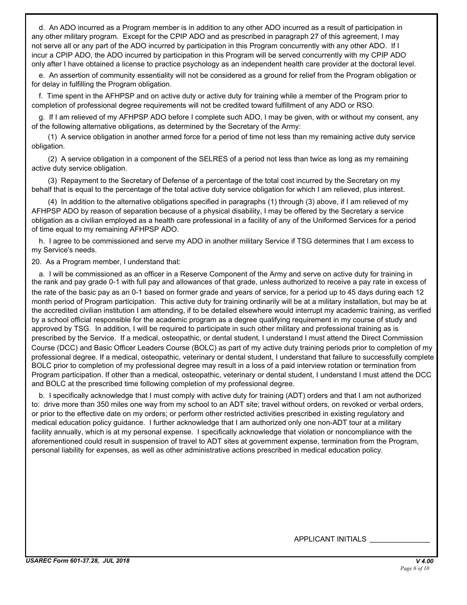 USAREC Form 601-37.28 Department of the Army Service Agreement - F. Edward Hebert Armed Force Health Professions Scholarship Program (Afhpsp), Page 6