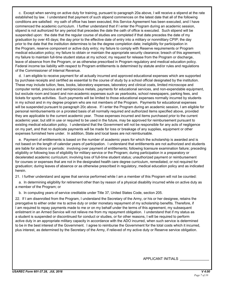 USAREC Form 601-37.28 Department of the Army Service Agreement - F. Edward Hebert Armed Force Health Professions Scholarship Program (Afhpsp), Page 7