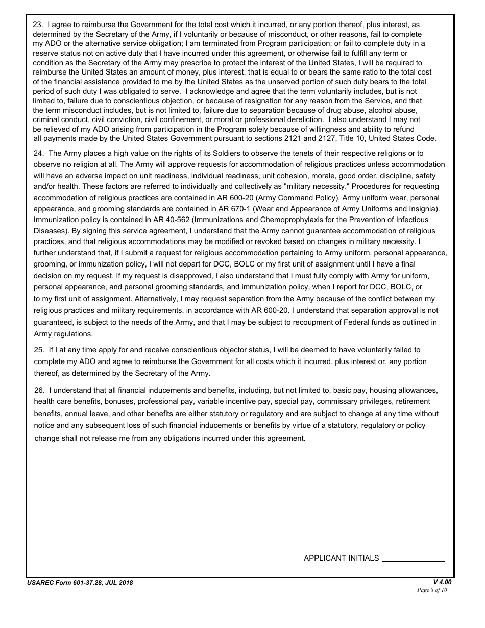 USAREC Form 601-37.28 Department of the Army Service Agreement - F. Edward Hebert Armed Force Health Professions Scholarship Program (Afhpsp), Page 8