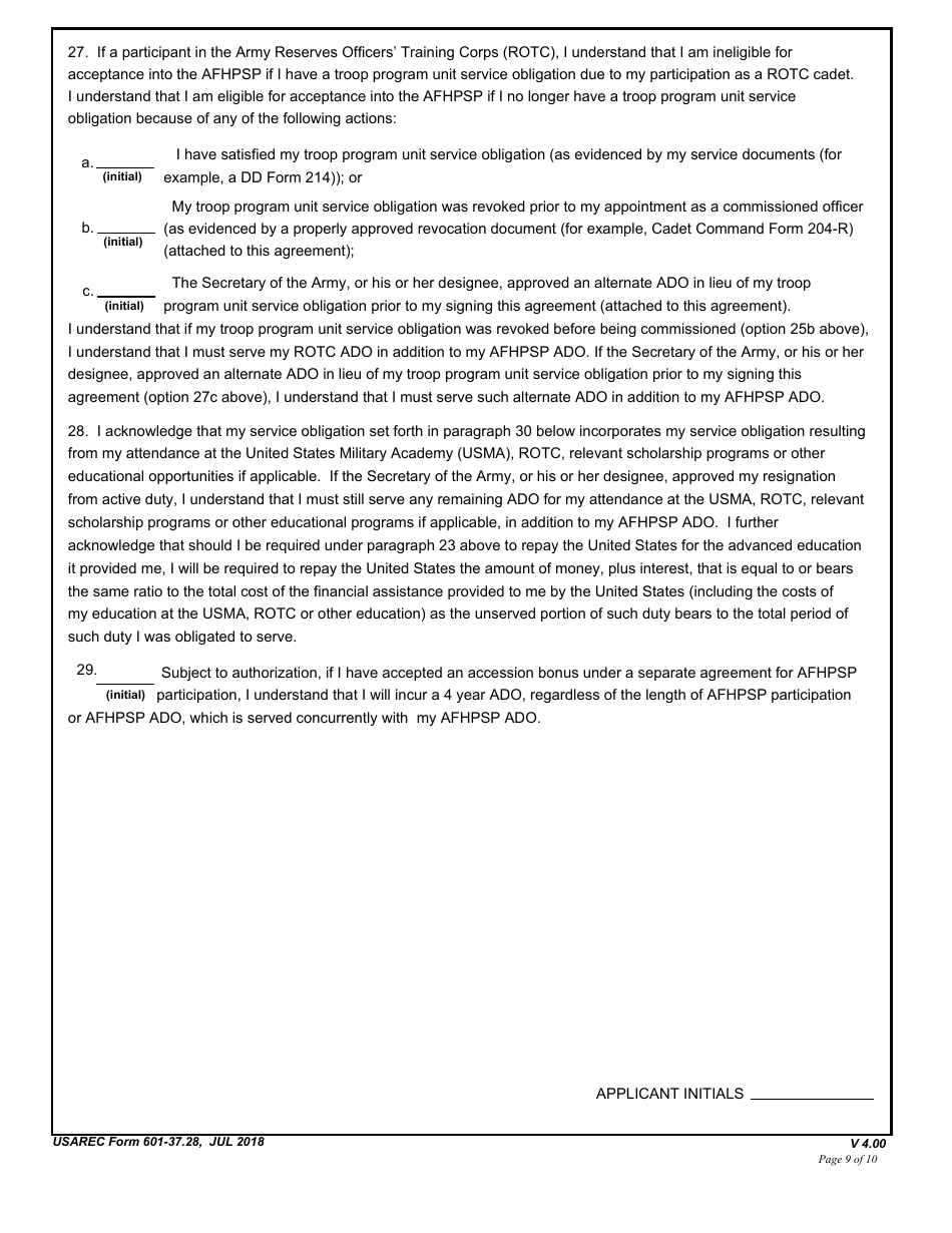 USAREC Form 601-37.28 Department of the Army Service Agreement - F. Edward Hebert Armed Force Health Professions Scholarship Program (Afhpsp), Page 9