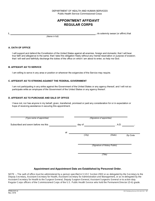 Form PHS-5141-2 Appointment Affidavit Regular Corps