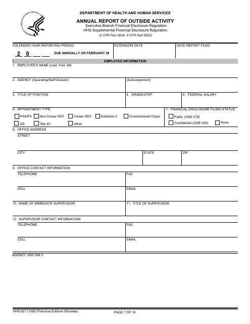 Form HHS-521 Annual Report of Outside Activity