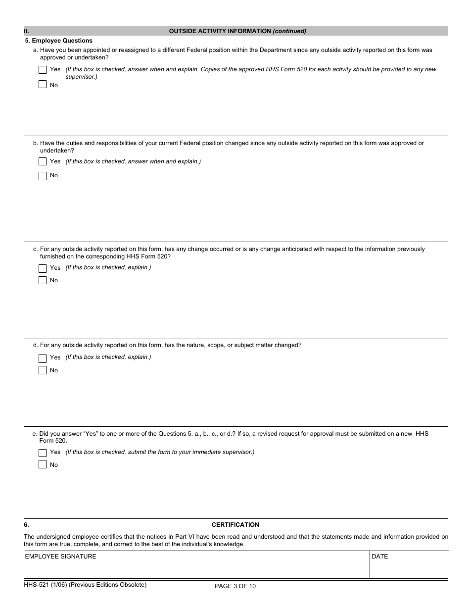 Form HHS-521 Annual Report of Outside Activity, Page 3