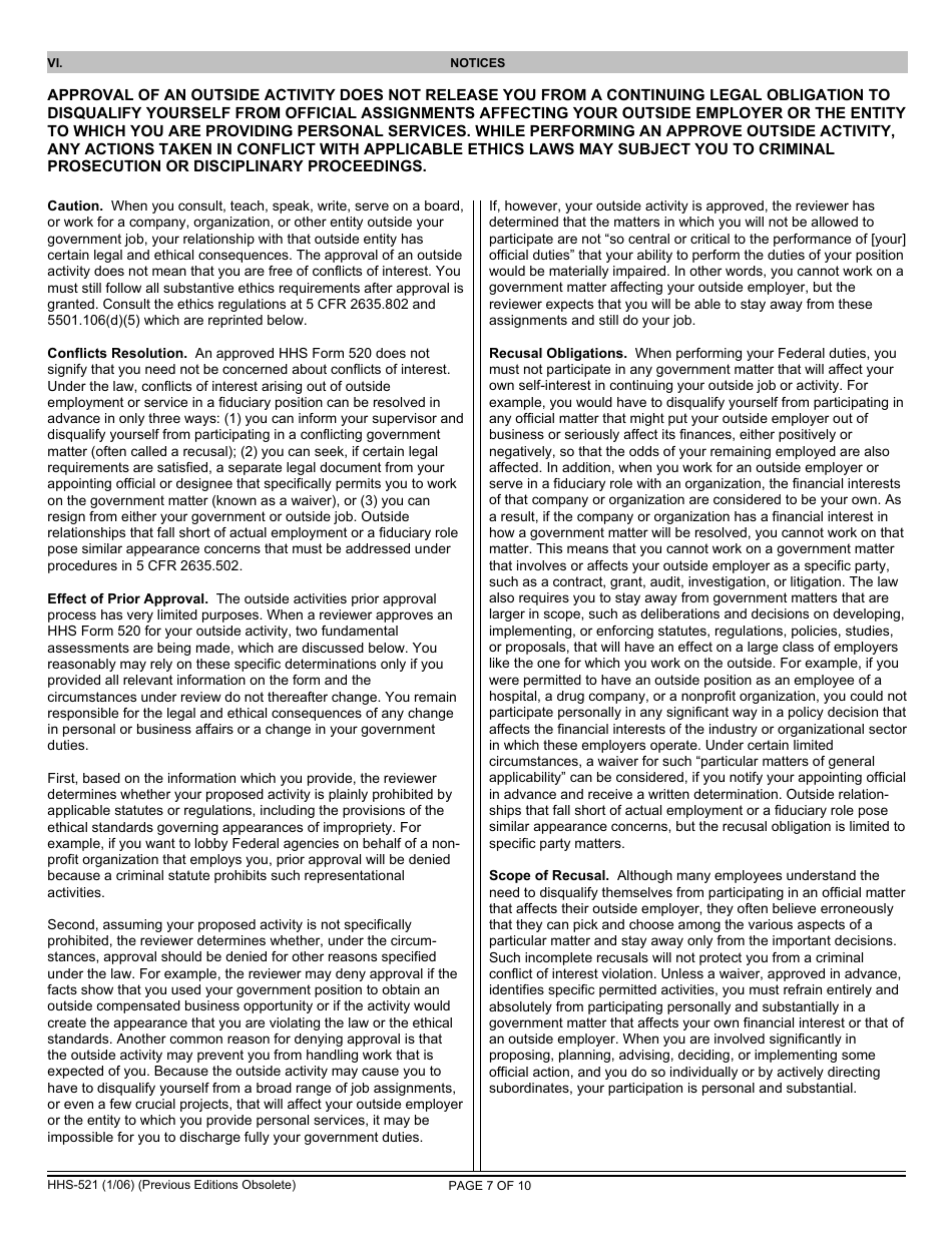 Form HHS-521 Annual Report of Outside Activity, Page 7