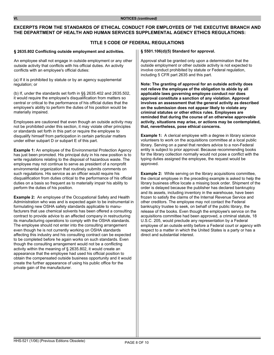 Form HHS-521 Annual Report of Outside Activity, Page 8