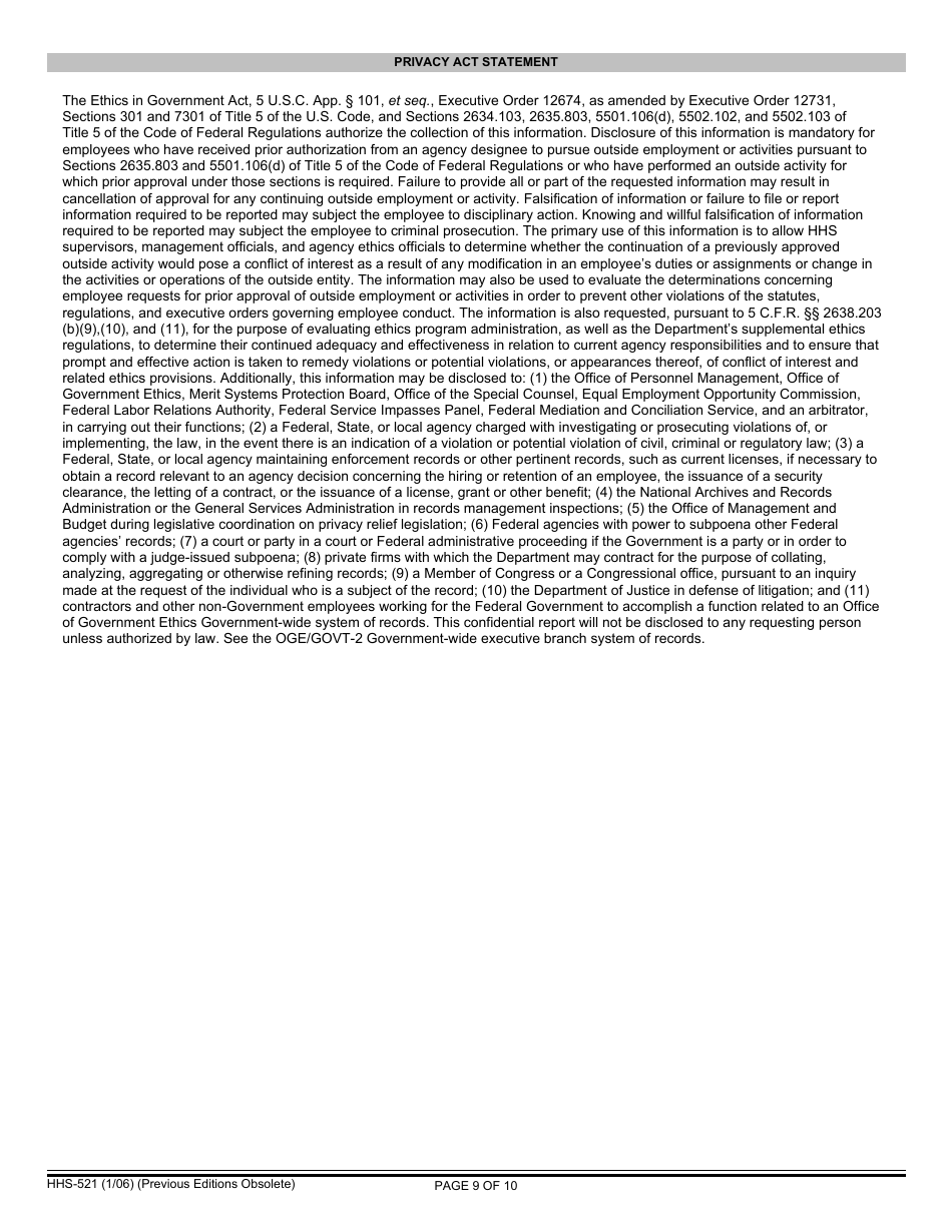 Form HHS-521 Annual Report of Outside Activity, Page 9