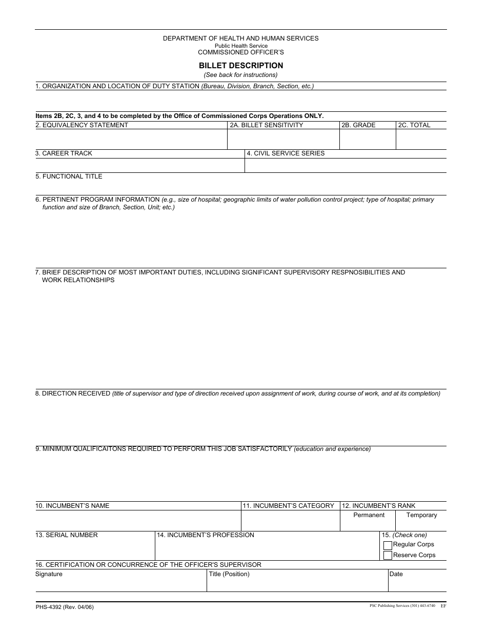 Form PHS-4392 Billet Description, Page 1