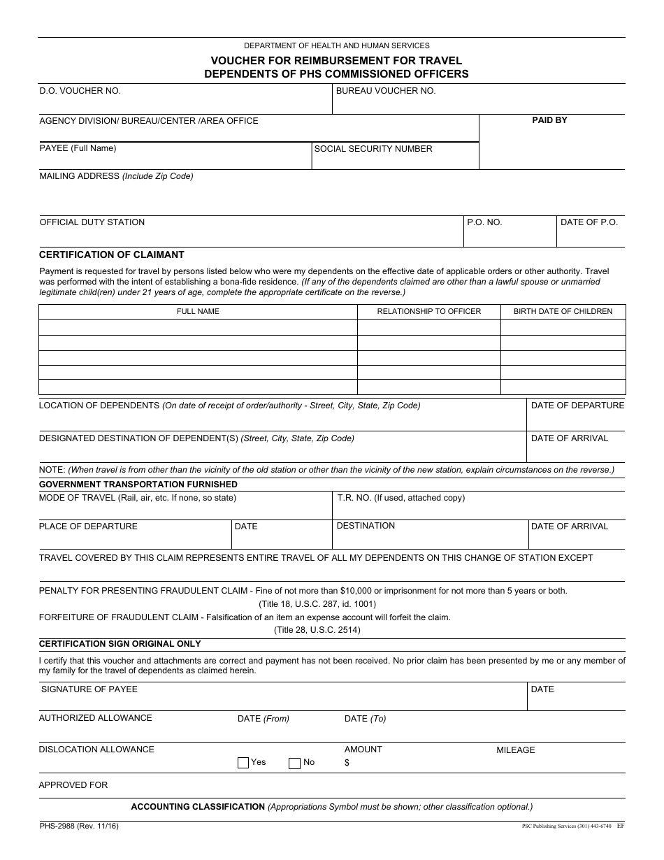 Form PHS-2988 Voucher for Reimbursement for Travel Dependence of Phs Commissioned Officers, Page 1
