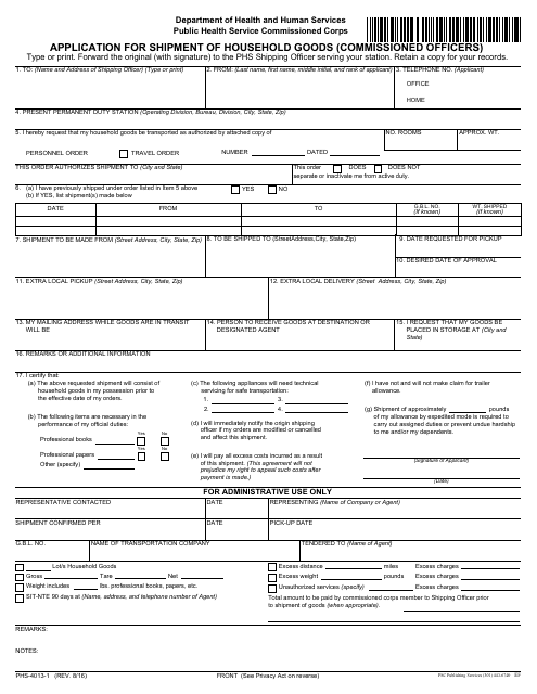 Form PHS-4013-1 Application for Shipment of Household Goods (Commissioned Officers)