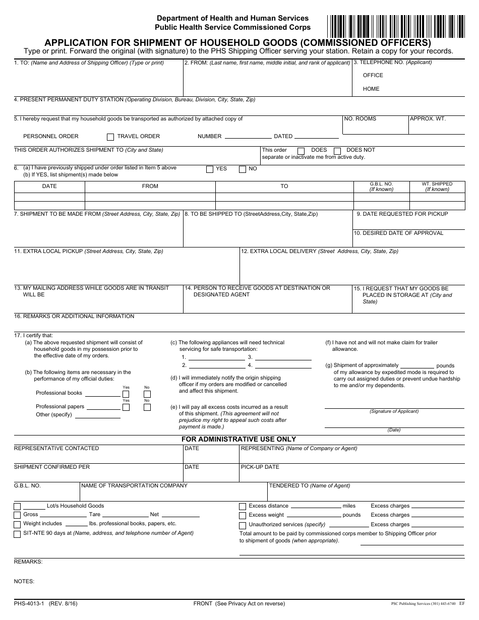 Form PHS-4013-1 Application for Shipment of Household Goods (Commissioned Officers), Page 1