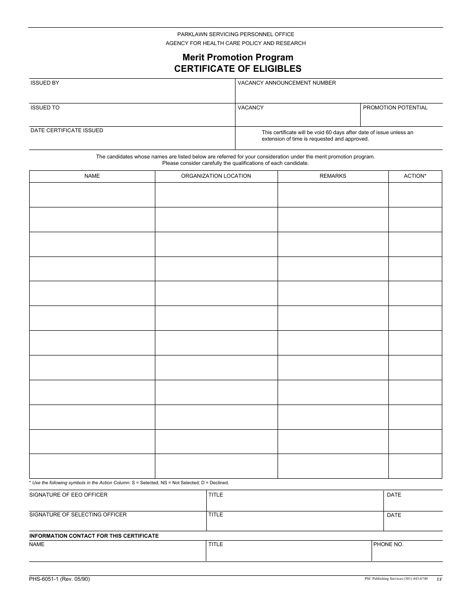 Form PHS-6051-1 Certificate of Eligibles - Merit Promotion Program, Page 1