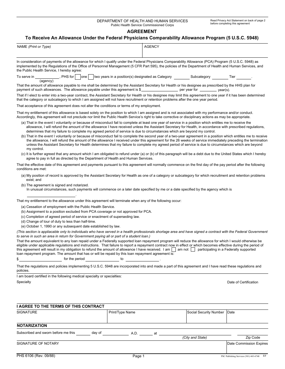 Form PHS6106 Agreement to Receive an Allowance Under the Federal Physicians Comparability Allowance Program (5 U.s.c. 5948), Page 1