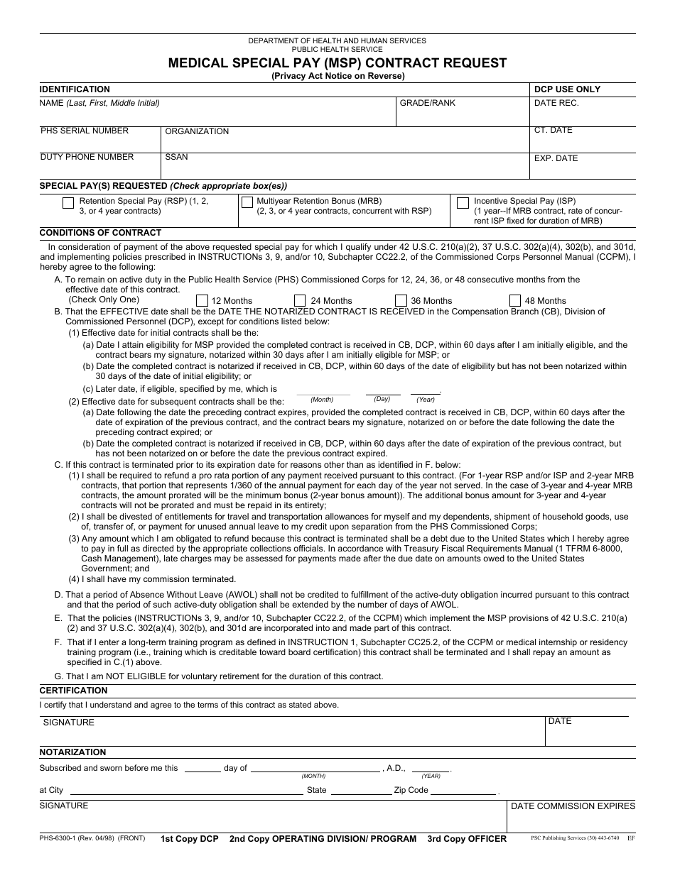 Form PHS-6300-1 Medical Special Pay (Msp) Contract Request, Page 1