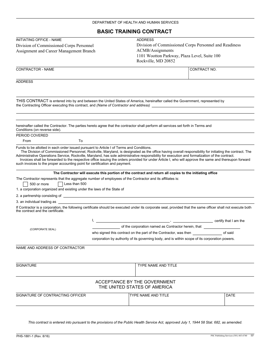 Form PHS-1881-1 Basic Training Contract, Page 1