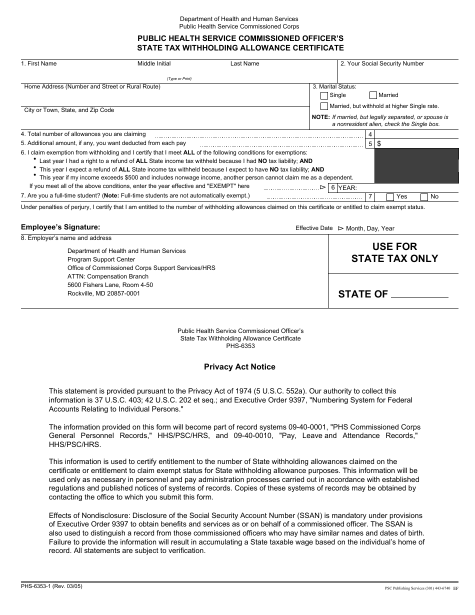 Form PHS-6353-1 Public Health Service Commissioned Officers State Tax Withholding Allowance Certificate, Page 1