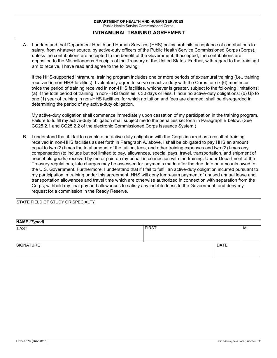 Form PHS-6374 Intramural Training Agreement, Page 1