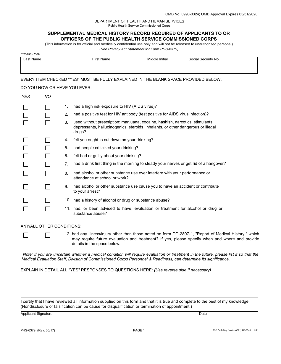 Form PHS-6379 Supplemental Medical History Record Required of Applicants to or Officers of the Public Health Service Commissioned Corps, Page 1