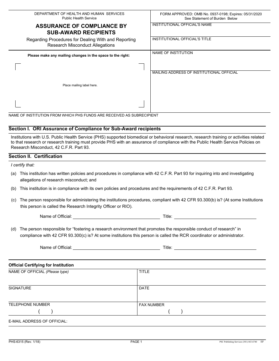 Form PHS-6315 Assurance of Compliance by Sub-award Recipients, Page 1