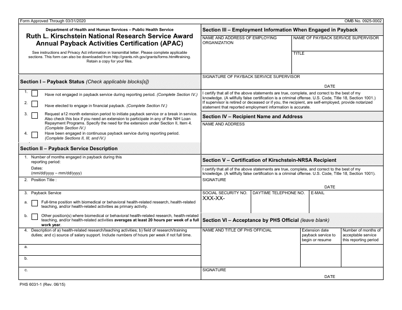Form 6031-1 Ruth L. Kirschstein National Research Service Award Annual Payback Activities Certification (Apac)