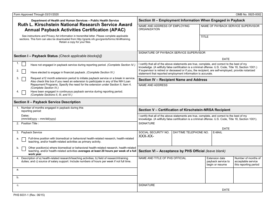 Form 6031-1 Ruth L. Kirschstein National Research Service Award Annual Payback Activities Certification (Apac), Page 1