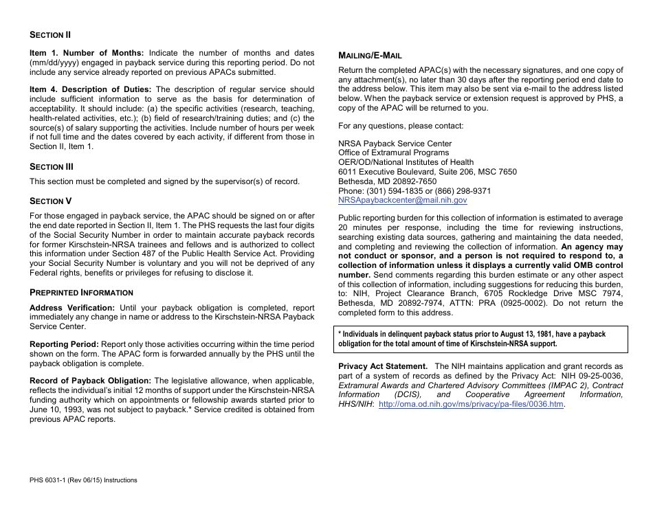 Form 6031-1 Ruth L. Kirschstein National Research Service Award Annual Payback Activities Certification (Apac), Page 3