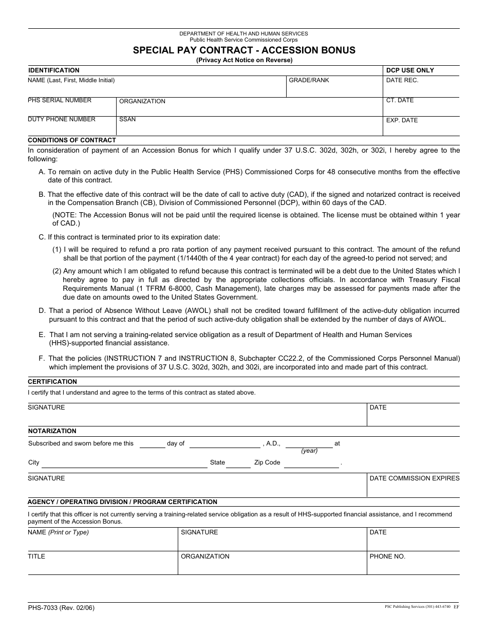 Form PHS-7033 Special Pay Contract - Accession Bonus, Page 1