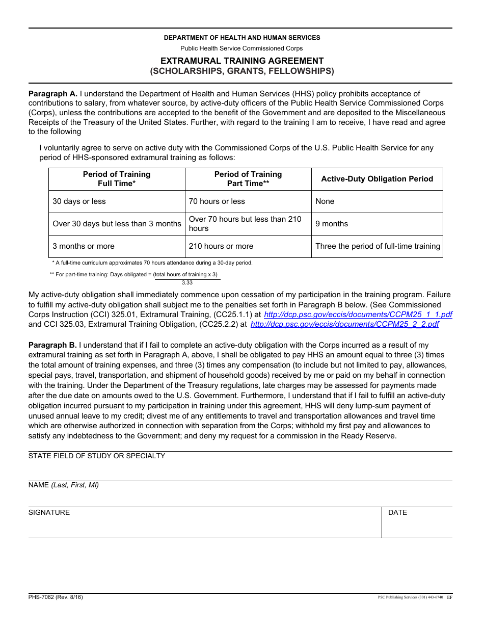 Form PHS-7062 Extramural Training Agreement (Scholarships, Grants, Fellowships), Page 1