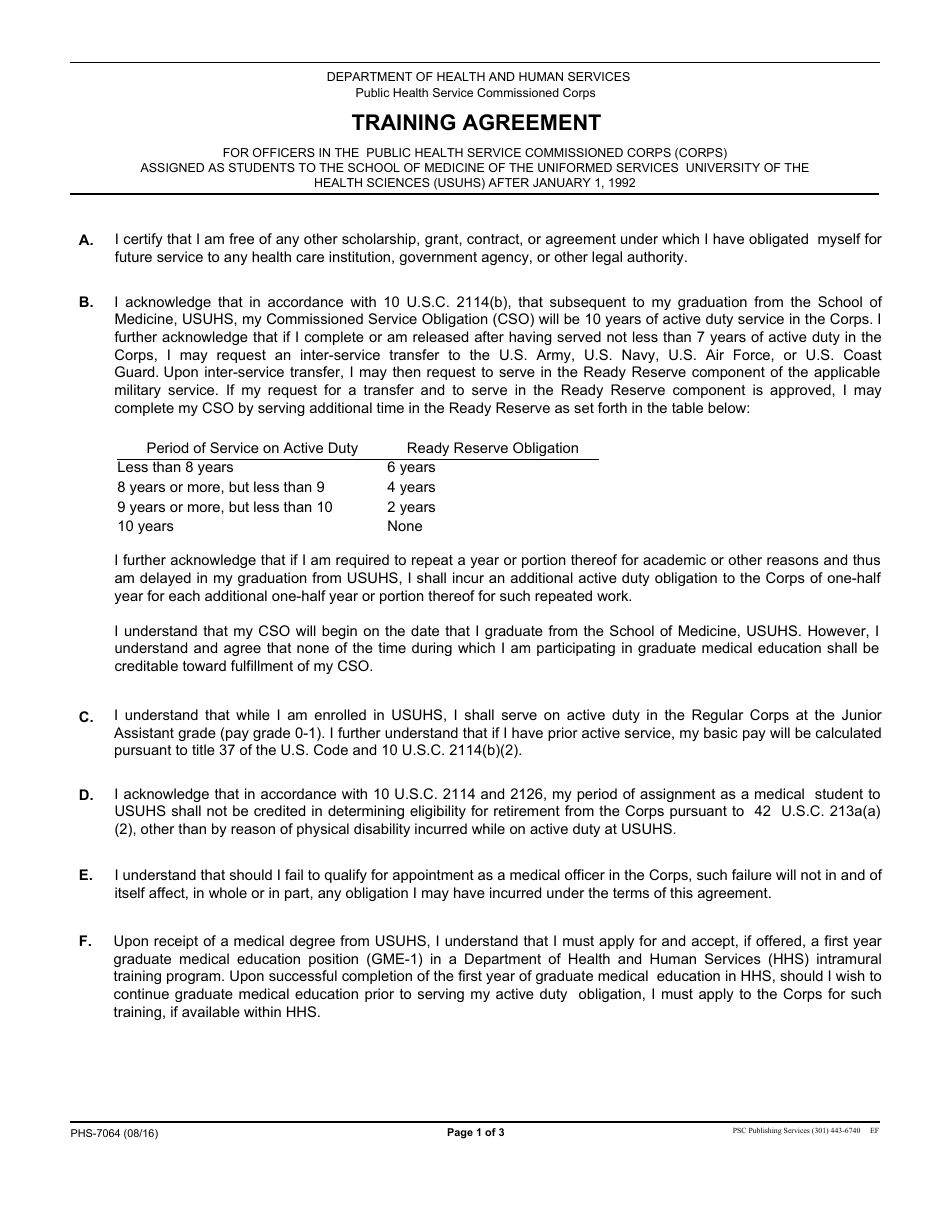 Form PHS-7064 Training Agreement, Page 1